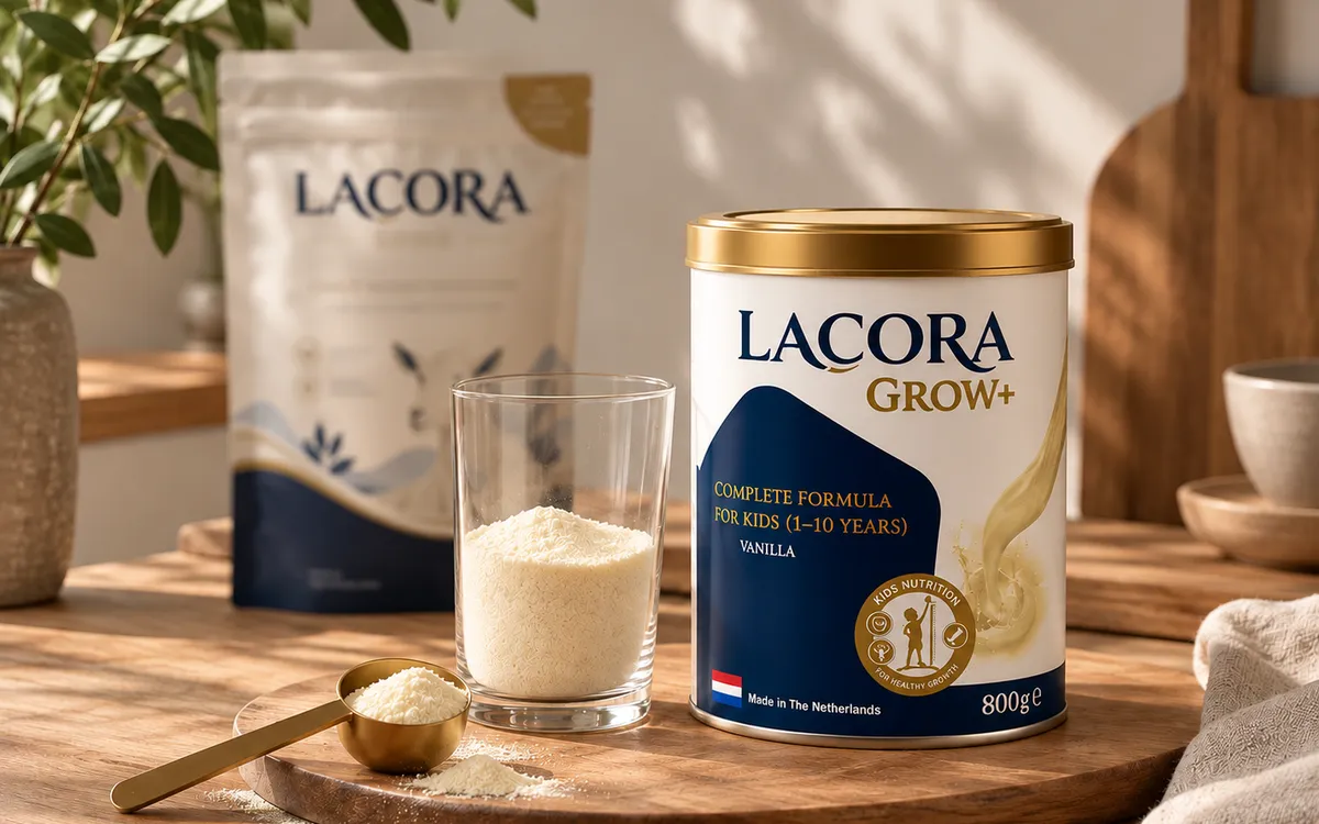 Lacora Grow+ kids formula tin and pouch on a wooden kitchen table, with a glass and scoop of milk powder