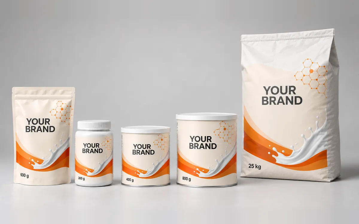 Five plain dairy nutrition packs labeled Your brand, from a 300 g jar to a 25 kg bag